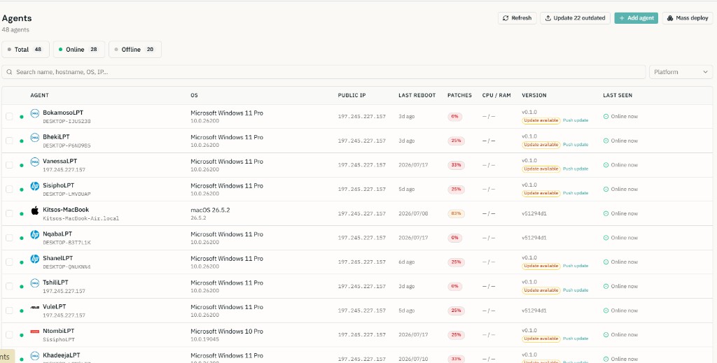 Allocentra agents dashboard showing fleet status and patch compliance